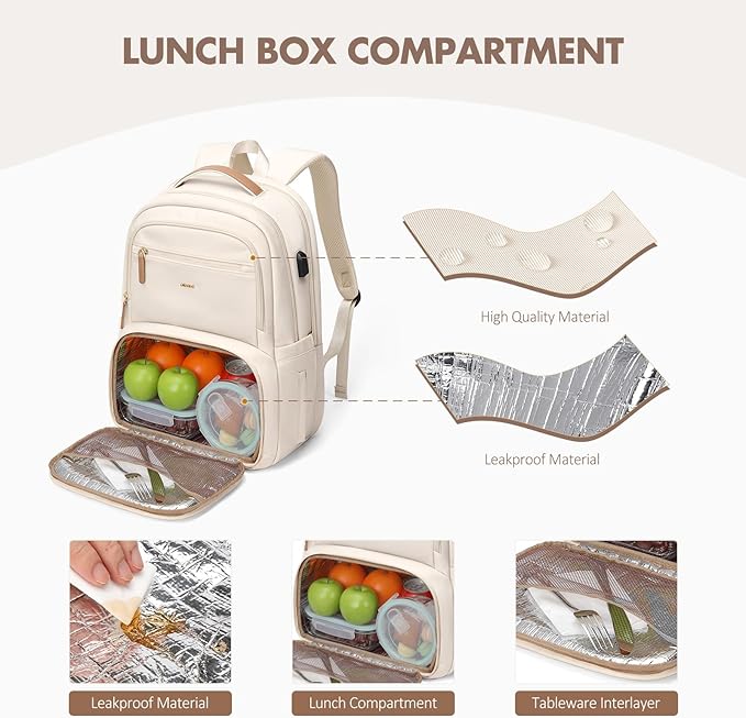 MDODO Lunch Backpack for Women Men,15.6Inch Insulated Lunch Box Backpack with USB Charging Port, Diaper Laptop Back pack for Travel Picnic Work Teacher Nurse,Beige