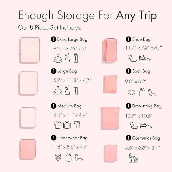 (Not Made In China) Packing Cubes For Travel, Luggage and Suitcase Organizer Bags, Carry On and Backpack Space Savers, Lightweight Waterproof Nylon, 8pc Set, Pink