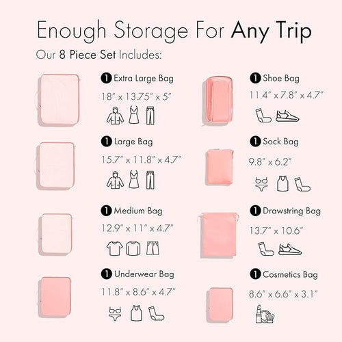 (Not Made In China) Packing Cubes For Travel, Luggage and Suitcase Organizer Bags, Carry On and Backpack Space Savers, Lightweight Waterproof Nylon, 8pc Set, Pink