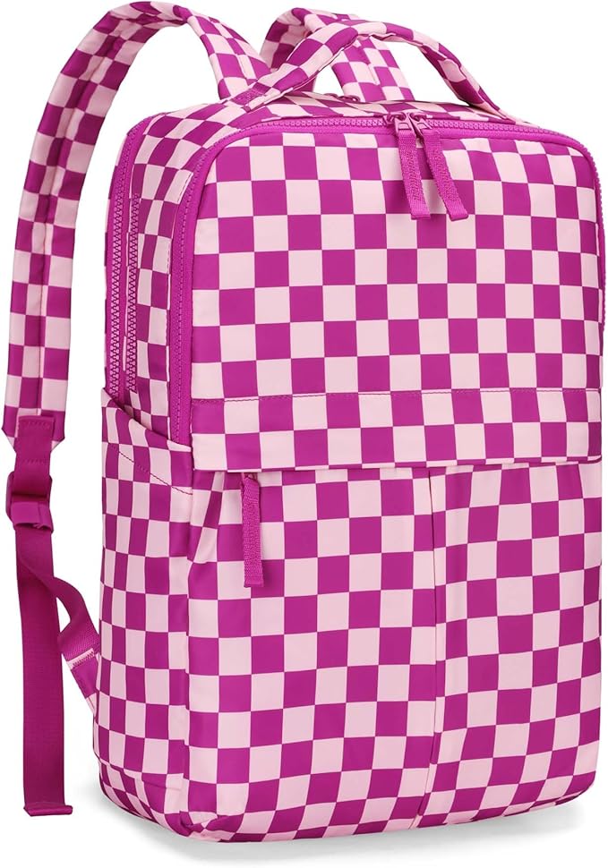 Checkered Backpack for Women Fashion Backpacks with Laptop and Multi Compartment for Travel and Work Rose Red Check