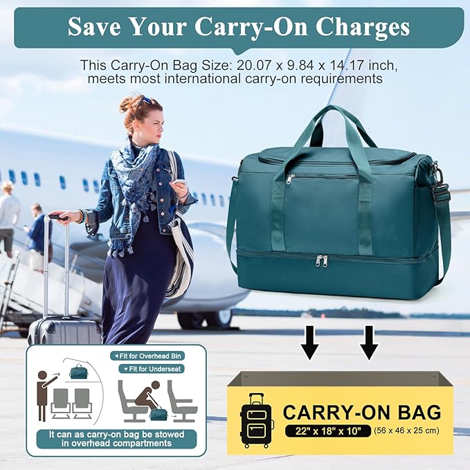 Large Travel Duffle Bag,Carry on Overnight Weekend Bag with Shoes Compartment,Weekender Bags for Women for Travel Business Trips Sport Hospital,3 Pcs Set,Peacock Blue