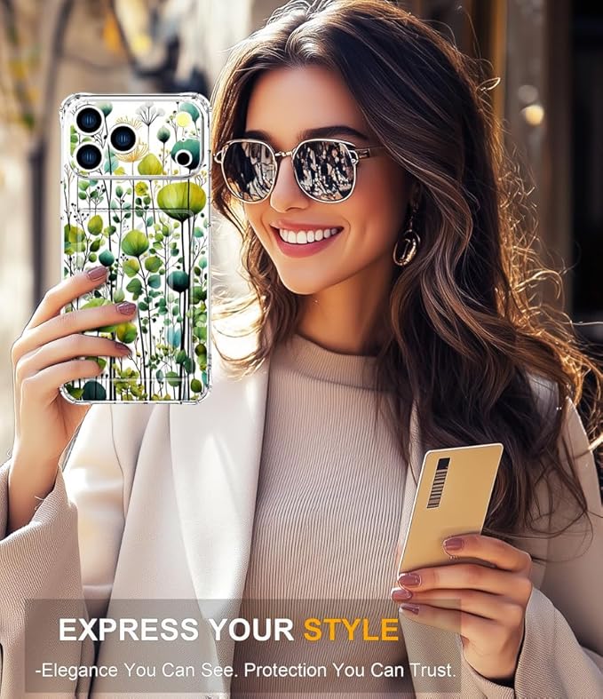 Compatible with iPhone 17 Pro Max Case Card Holder for Women Cute Design,Wallet Phone Cases Transparent Cool Kawaii Protective (Clear Green Flower Leaves Buds)