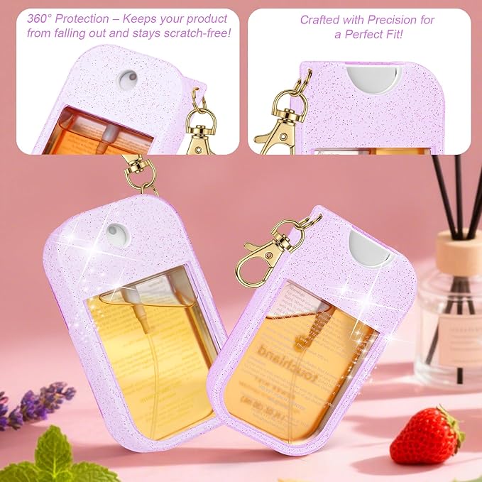 AIERSA Hand Sanitizer Spray Glitter Case Compatible with Touchland, Silicone Hand Sanitizer Case Holder with Keychain for Touch Land Mist 1FL. OZ(Glitter Sequin Purple)
