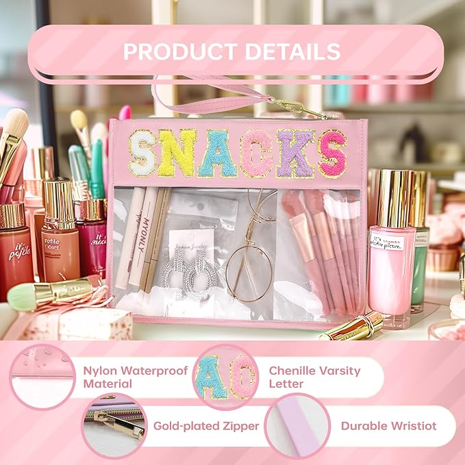 Siwara Snack Bags Clear Pouch Travel Makeup Bag Chenille Letter Bags for Zipper Pouch Clear Cosmetic Bag Clearly Tote Bag Makeup Travel Bags for Women