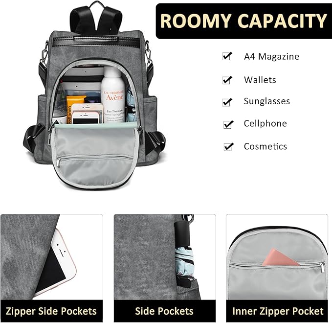 Fmeida PU Leather Backpack Purse for Women Anti Theft Backpack Convertible Fashion Travel Purse Grey
