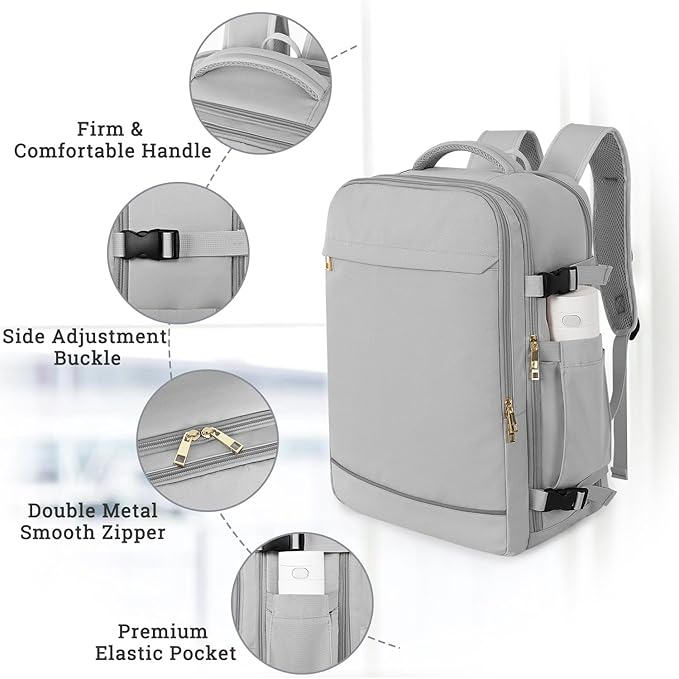 Sinaliy Travel Backpack, 40L 17 inch Laptop Travel Backpack Carry on Flight Approved, Personal Item Travel Bag, Waterproof Backpack for College, Business, Weekend, Work, Gray