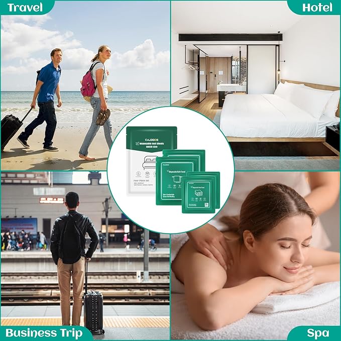 Hotel Essentials Disposable Bed Sheet for Travel, Queen Size Disposable Sheet with Bath Towel Face Towel Toilet Seat Cover, Disposable Hotel Sheet Travel Essentials for Cruise, Hotel, Camping, SPA