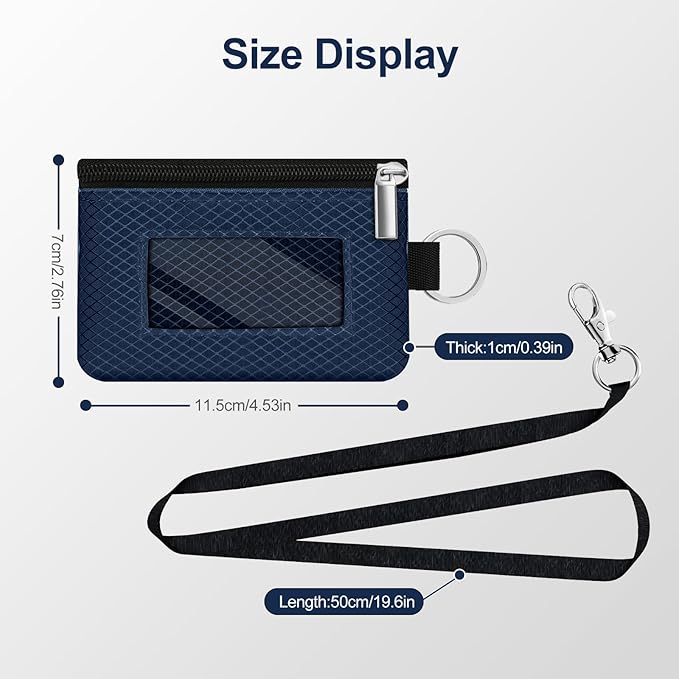 Minimalist RFID Blocking Small Wallet with ID Window,WaterResistant Zip Id Case Wallet with Lanyard Keychain for Cards,Cash,Travel,Women,Men (Dark blue)