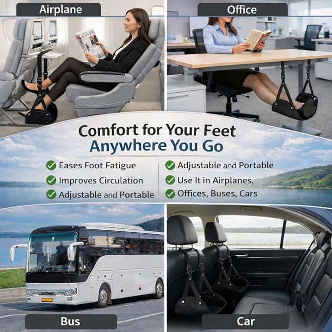 Airplane Foot Rest Hammock – Travel Footrest for Airplane with Memory Foam, Adjustable Foot Sling for Long Flights, Portable Carry Bag, Eye Mask & Earplugs – Flight Accessories Must Have