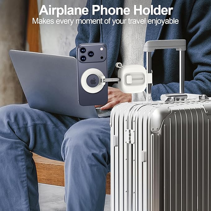 xiwxi Magnetic Airplane Phone Holder with Carabiner Clips - 360° Rotation Phone Mount for Tray Table & Desk, Universal Phone Stand for iPhone, Galaxy, Travel Essentials & Airplane Gadgets