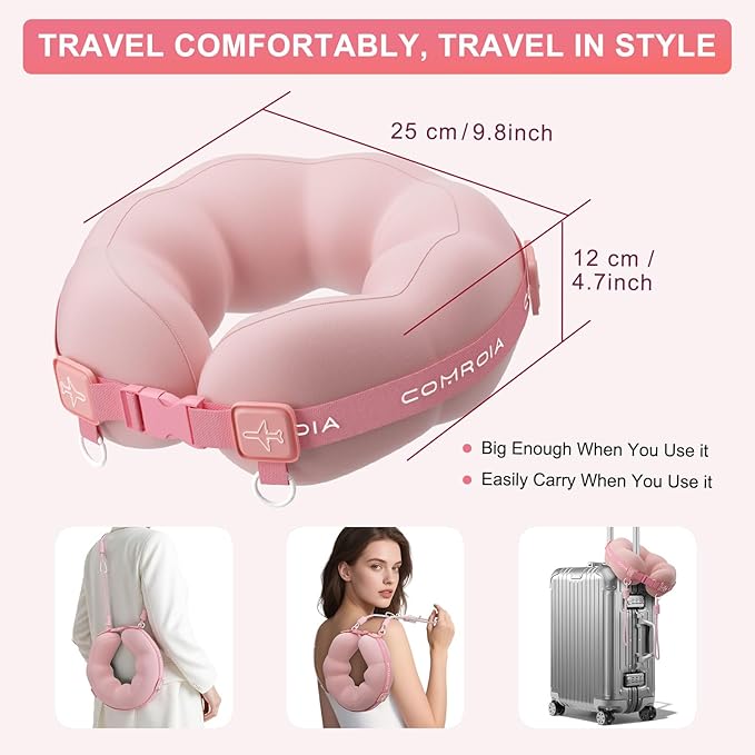Travel Neck Pillow for Airplane Sleeping – 360° Head Support Prevents Bobbing, 100% Memory Foam Ergonomic Neck Cushion with No-Case-Needed Carry Strap for Long Flights & Car – Washable Cover (Pink)