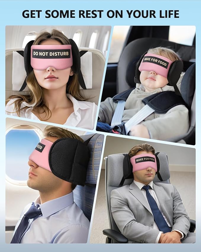Travel Pillows for Airplanes, Airplane Pillow for Long Flights Sleeping with Eye Mask, 360° Support Plane Head Strap Compact Travel Essentials for Air Travel Sleep Neck Upright, Stop Bobblehead (Pink)