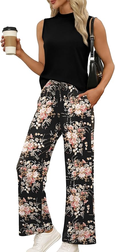 WIHOLL Two Piece Set for Women Summer Spring Outfits Cruise Travel Airport Beach Vacation Mock Neck Wide Leg Pants Set