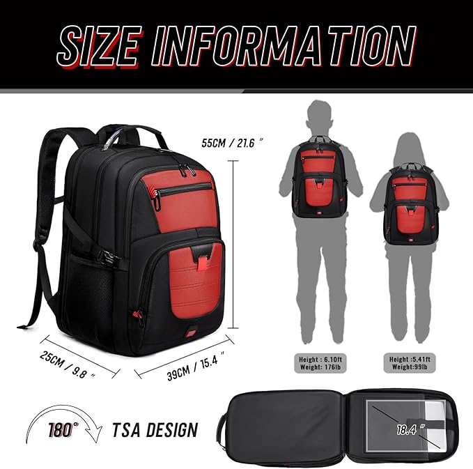Z-MGKISS 18.4 Large Travel Backpack, USB Computer Bagpack Fits 18.4 Inch Laptop, Business Backpack for Men, TSA Flight Approved, Laptop Backpacks, Red