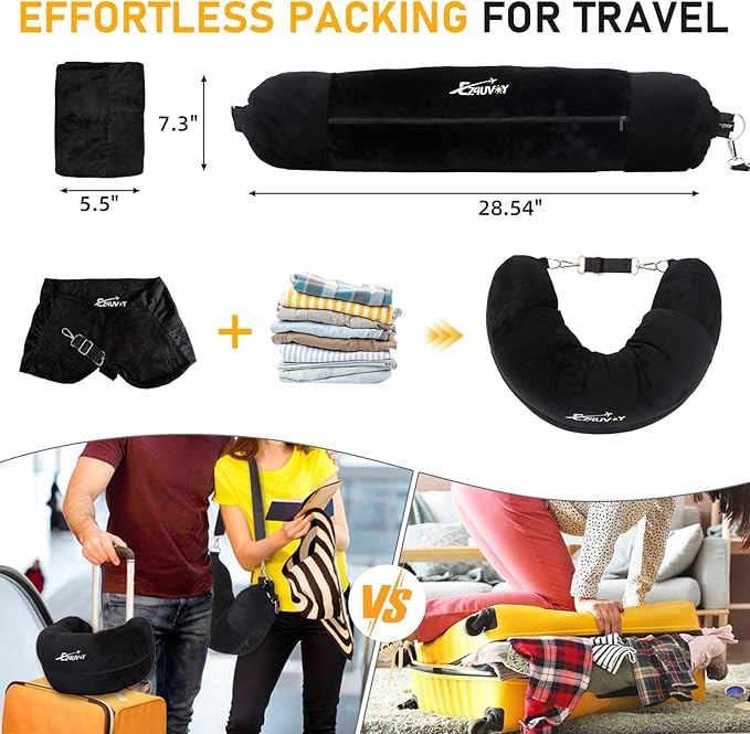 Travel Neck Pillow Stuffable with Clothes, Stuffable Neck Pillow for Travel, Packable Fillable Storage Bag for Airplane, Soft Velvet U Pillow Case Cover