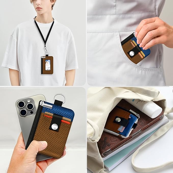 Minimalist RFID Blocking Small Wallet with ID Window,WaterResistant Zip Id Case Wallet with Lanyard Keychain for Cards,Cash,Travel,Women,Men (Brown/Electric Blue)