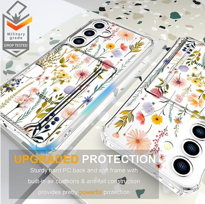 Compatible with Samsung Galaxy S24+ Plus / S25+ Plus Case Card Holder for Women Cute Design,Wallet Phone Cases Transparent Cool Kawaii Protective (Clear Watercolor Floral)