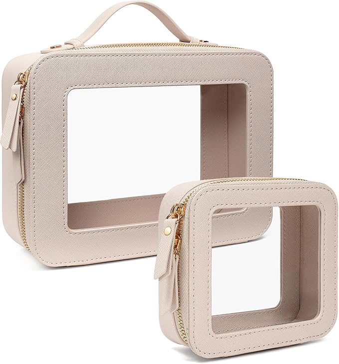 LETGO 2Pack Leather Clear Makeup Bags with Zipper Toiletry Bags for Car Essentials PVC Transparent Storage Pouch Travel Portable Lipstick Bag Organizer for Women (Mini+Large Beige)