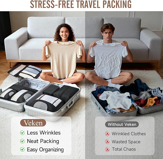 Veken 10 Set Packing Cubes for Travel Essentials, Suitcase Organizer Bags in 4 Sizes, Carry-On Luggage Accessories with Large Laundry Bag & Passport Holder, Must-Have for Airplane, Road Trip & Camping