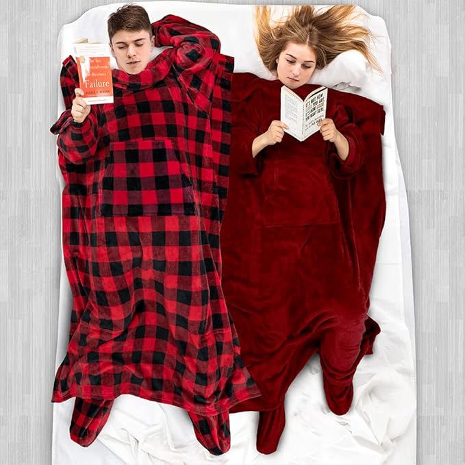 PAVILIA Fleece Blanket with Sleeves, Foot Pockets for Women Men Adults, Plush Wearable Blanket Throw Wrap, Warm Snuggle Blanket Robe, Cozy Gift Ideas Wife Mom, Burgundy Red