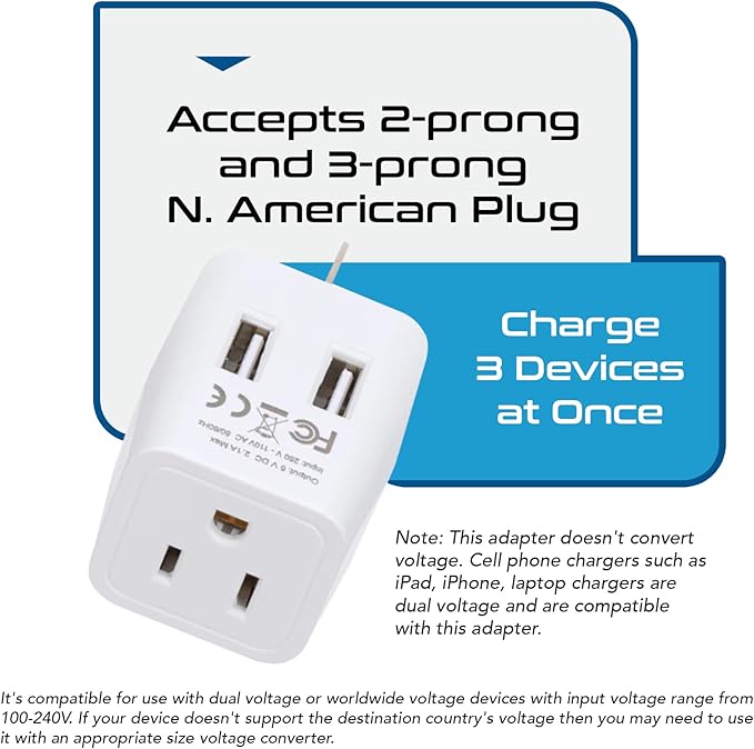 Ceptics Australia, New Zealand, China Travel Adapter Plug with Dual USB Input - Ultra Compact - USA to Type I - Perfect for Cell Phones, Chargers, Cameras and More (CTU-16-2PK)