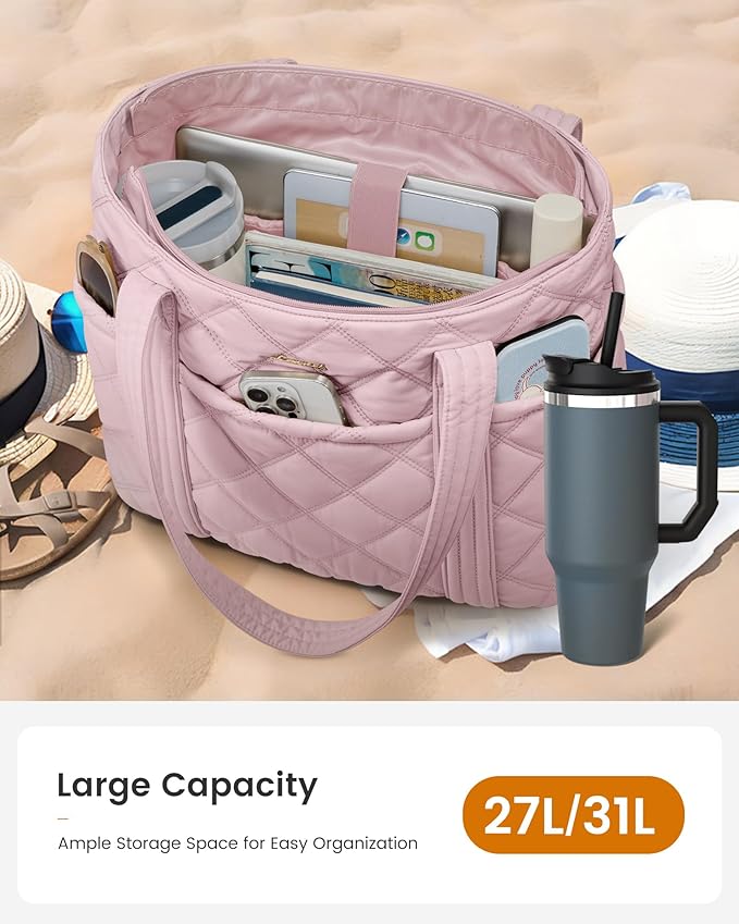 LOVEVOOK Puffer Tote Bag for Women, Puffy Work Handbag with Cup Holder, Travel Carry On Bag with Zipper for Teacher Nurse Gym