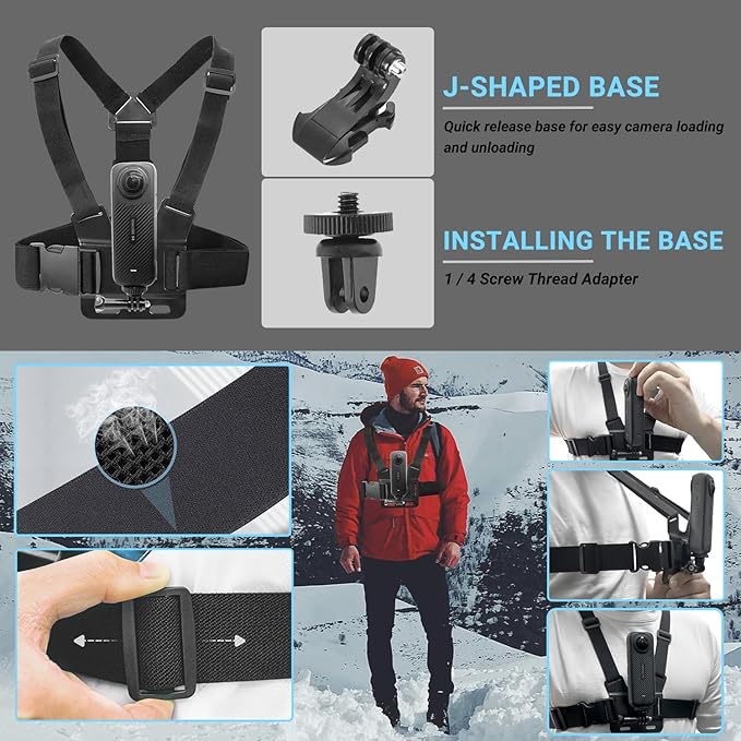 Accessories Set for Insta360 X5 X4 X3 X2 X, Head Strap Mount + Chest Mount Harness + Backpack Clip Holder + 360°Rotating Wrist Strap Compatible for GoPro Hero, DJI OSMO Action Camera and AK ASO