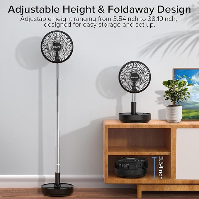 Belife X8 Portable Fan, 7200mAh Battery Powered Rechargeable, Oscillating USB Desk Floor Fan with Remote, Foldable Telescopic Fan for Home Bedroom Sleeping Office Camping Travel, 7.7" (Black)