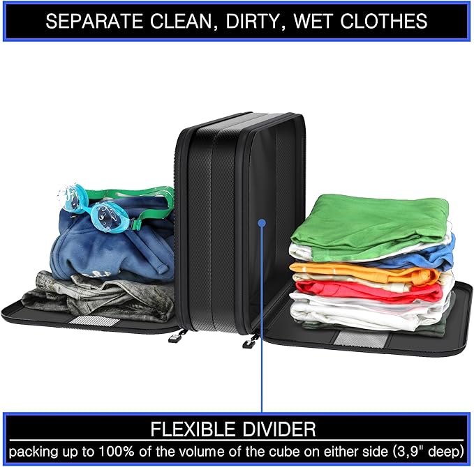 Premium Ultralight Compression Packing Cubes for Travel - Bag Factor Luggage Organizer Set (Double Sided Clean Dirty - Black - 4 Set)