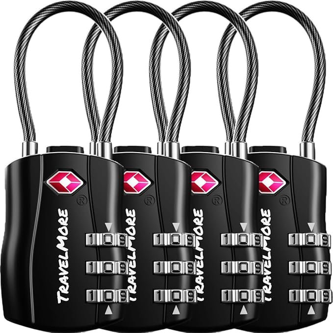 4 Pack TSA Approved Travel Combination Cable Luggage Locks for Suitcases & Backpacks - Black
