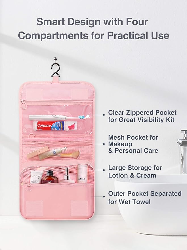 Luxtude Hanging Toiletry Bag for Women with Hanging Hook, Water-resistant Traveling Toiletries Bag, Portable Toiletry Travel Organizer Bag for Toiletries, Shower, Bathroom, Cosmetics Accessories-Pink