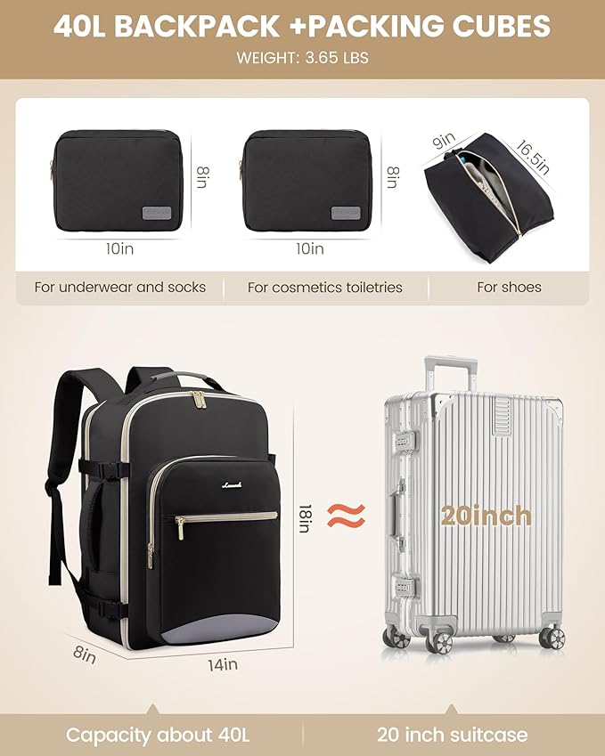 LOVEVOOK 40L Travel Backpack for Women Men,Waterproof Airline Approved Carry On Luggage Travel Essentials,TSA Carry On Backpack Personal Item Travel Bag Suitcase Weekender Traveling with Packing Cubes