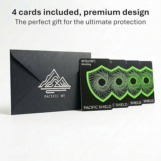 PACIFIC SHIELD RFID Blocking Card (4 Pack) - Secure your Wallet - Premium Protector for Credit Card, Debit Card, ID and Passport - NFC Blocker Travel Defender