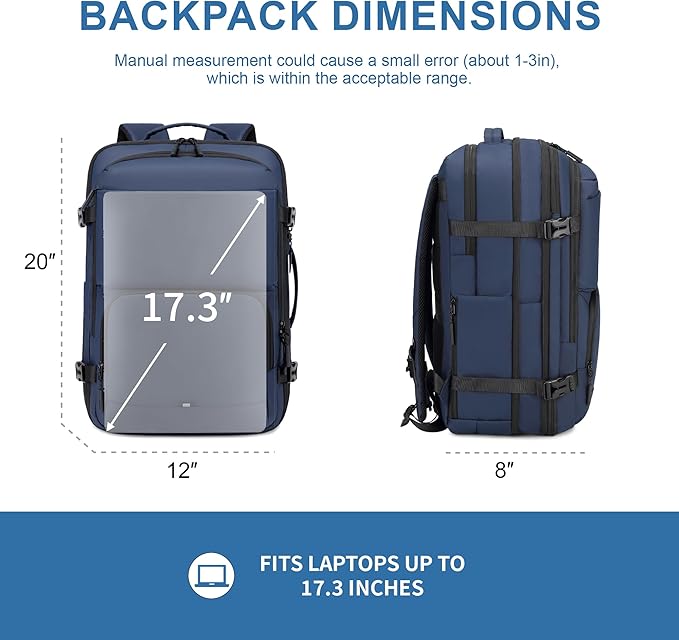BAGOK Carry On Travel Backpack, 35L-40L Expandable Extra Large Airline Approved,Lightweight Daypack for Men and Women（Blue）