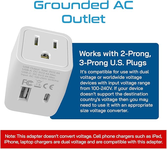 Ceptics Japan, Philippines Travel Adapter Plug with Dual USB - Usa Input - Type A - Ultra Compact (CTU-6) - Perfect for Cell Phones, Laptops, Camera Chargers