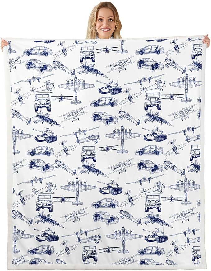 Airplane Kids Throw Blanket,American Aircraft Tank Toddler Bed Blanket for Girls Boys Adults,Racing Car Hand-Painted Sketch Fleece Blanket,Blue White Fuzzy Blanket,Twin Size (60 x 80 Inches)