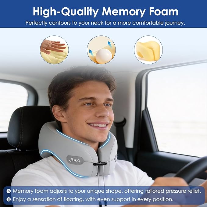 jiaao Travel Pillow Memory Foam Neck Support, Advanced Memory Foam Neck Pillow for Airplanes, Cars & Trains with Eye Mask, Earplugs & Storage Bag