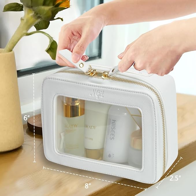 NGIL Clear Faux Leather Travel Toiletry Bag, Makeup Bag Organizer for Women, Clear Window & Gold Zipper Makeup Bag, Road Trip Essential, Skincare, Cruise Ship Essentials (White)
