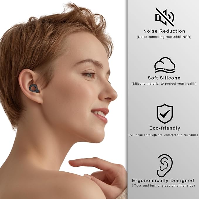 Ear Plugs for Sleeping, 2 Pairs Ear Plugs for Sleeping Noise Cancelling, 35dB Reusable Silicone Earplugs for Noise Reduction, Sleep, Work, Hearing Protection, Concert and Snoring, Black