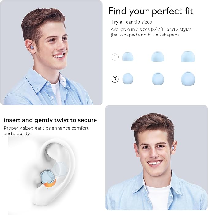 Jayine 2 Pairs Ear Plugs for Sleeping, Soft Full Silicone Ear Plugs for Noise Reduction 25dB, Reusable Hearing Protection Earplugs for Concert, Focus, Travel, 8 Ear Tips in S/M/L - Blue