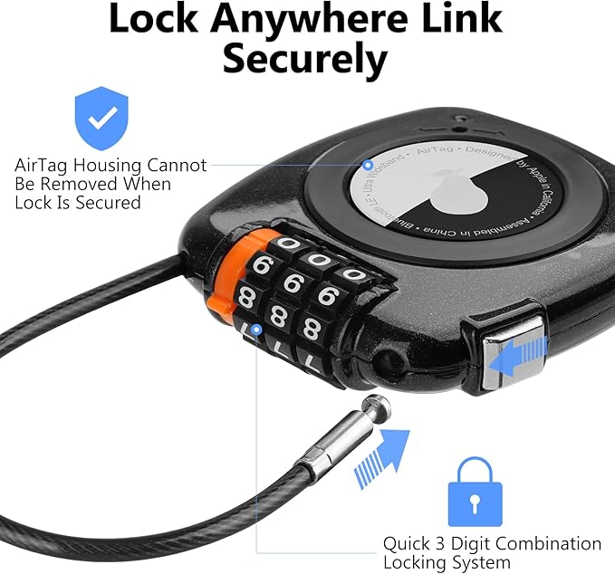 Compatible with Apple AirTag Secure Lock with Wire Cable, 3-Digit Combination Luggage Locks, Alloy Body Ultra Durable Anti-Lost Protective Case for Luggage, Suitcase (Black/White)