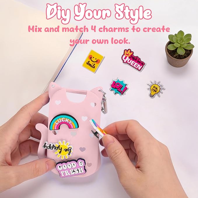 Cat Silicone Case for Touchland Hand Sanitizer Spray with Keychain & Charms,Compatible with Power Mist & Glow Mist 1 FL Oz/30ML for Touchland Case,Cute Travel Cover Sleeve Accessory (Pink Cat)