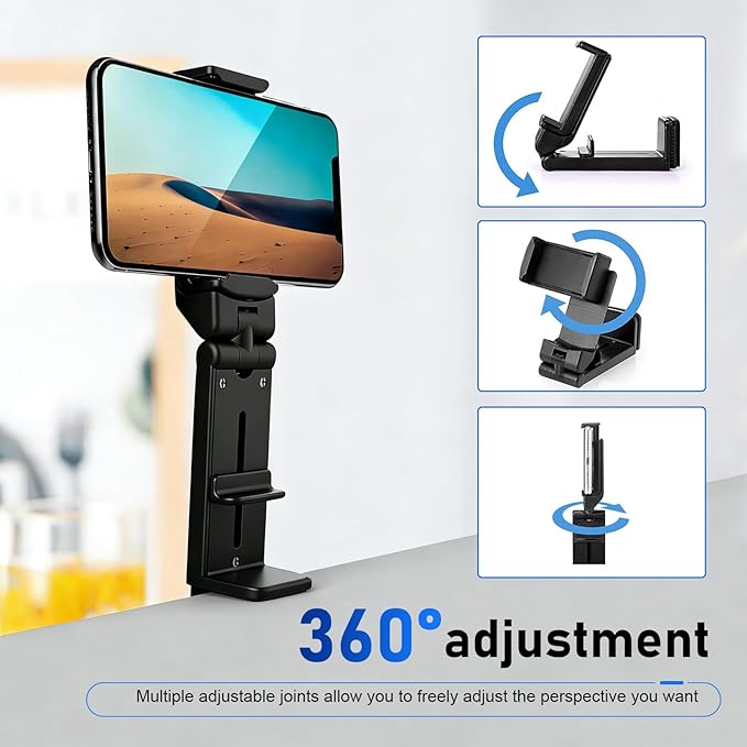 1 PC Foldable Phone Holder, 360 Degree Adjustable Handsfree Phone Mount, Universal Multi-Directional Mobile Phone Stand, for Airplane, Travel, Desk, Tray Table, Home, Office, Train (Black)