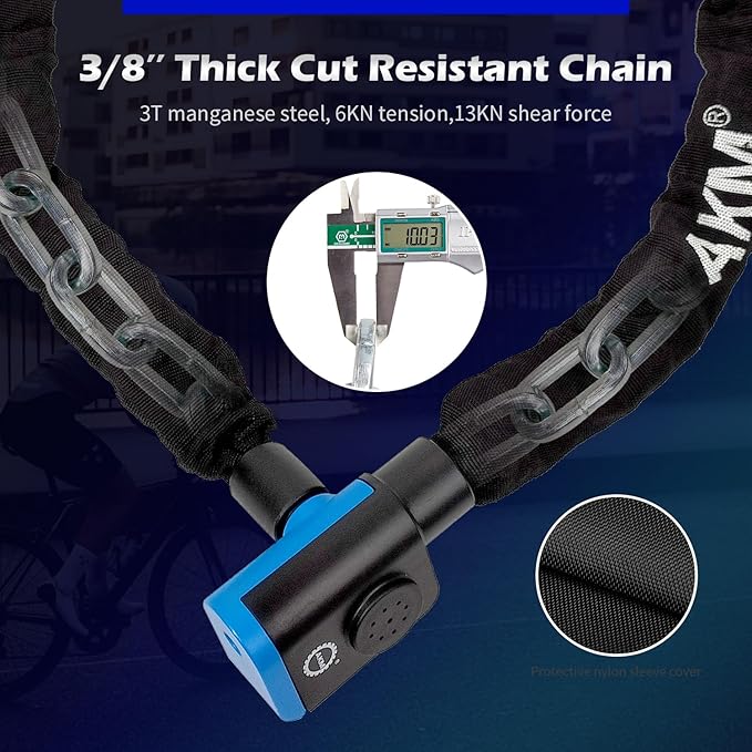 AKM Safe 80db Alarm 4ft/120cm Long Anti Theft Heavy Duty Motorcycle Chain Lock 3/8''/10mm Thick Weather Proof Durable Chains with 3 Customized Keys,Ideal for Bikes,Bicycles,Scooters,Moped