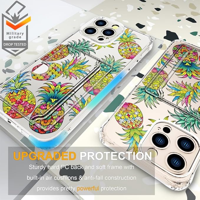 Compatible with iPhone 16 Pro Case Card Holder for Women Cute Design,Wallet Phone Cases Transparent Cool Kawaii Protective (Clear Pineapple Fruit Tropical)