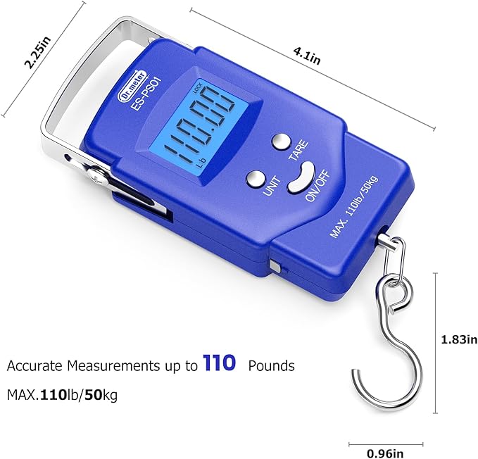 Dr.meter Fish Scale Luggage Scale Fishing Gear - 110lb Backlit LCD Display Digital Scale with Built-in Measuring Tape - Fishing Scale with 2 AAA Batteries, Pocket Size - Fishing Gifts for Men