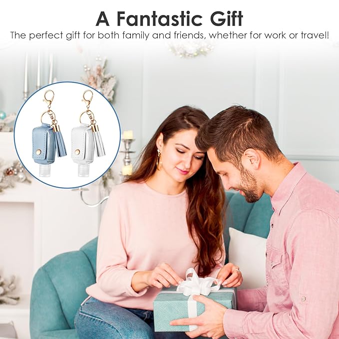 2Pcs Portable Leather Hand Sanitizer Holder, Travel Size Keychain Refillable Bottle for Toiletry Lotion Liquid Soap Shampoo (Blue, White)