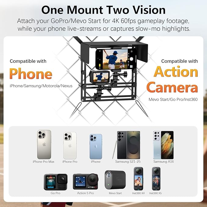 AMAZEAR Phone Fence Mount with Magnetic Shade, Action Camera Fence Mounting Kit for iPhone Samsung Mevo Start Go Pro, Phone Streaming Kit for Baseball Softball Tennis