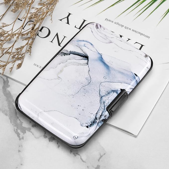 ELFISH RFID Blocking Credit Card Protector Aluminum ID Case Hard Shell Business Card Holders Metal Wallet for Men or Women (Graywhite Marble)