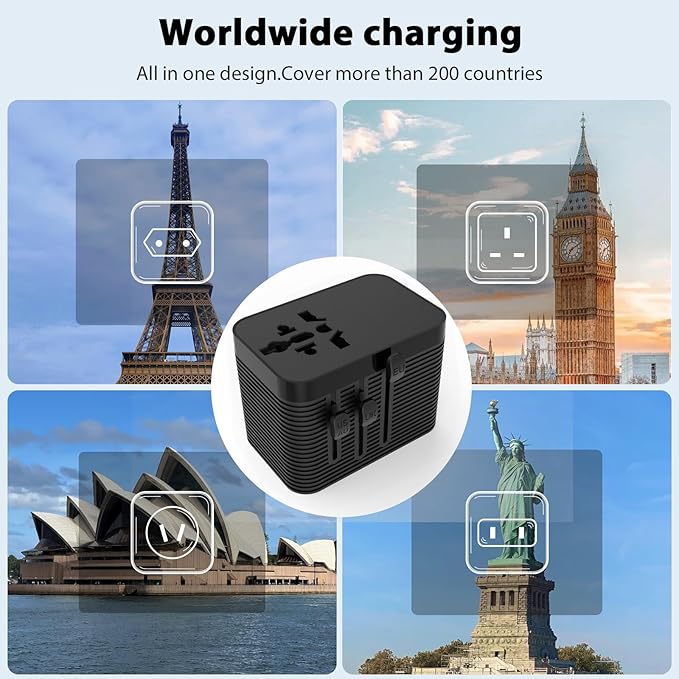 Universal Travel Adapter, European Travel Plug Adapter 5-in-1 PD Fast Charging with Surge Protection & Fuse, International Power Adapter for US EU UK AU - Black